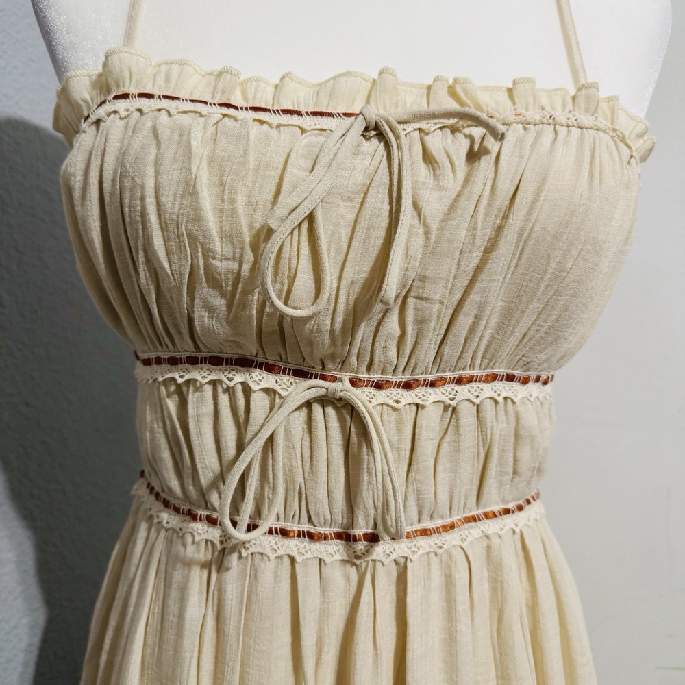 Cottagecore Sincerely Jules Cream Smocked Peasant Maxi Bohemian Tiered‎ Dress M - Picture 5 of 15